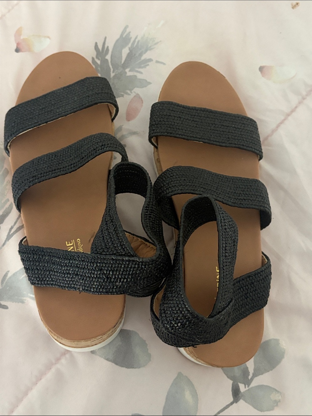 Catherine Malandrino Black Woven Strap Platform Sandals with Tan Footbed